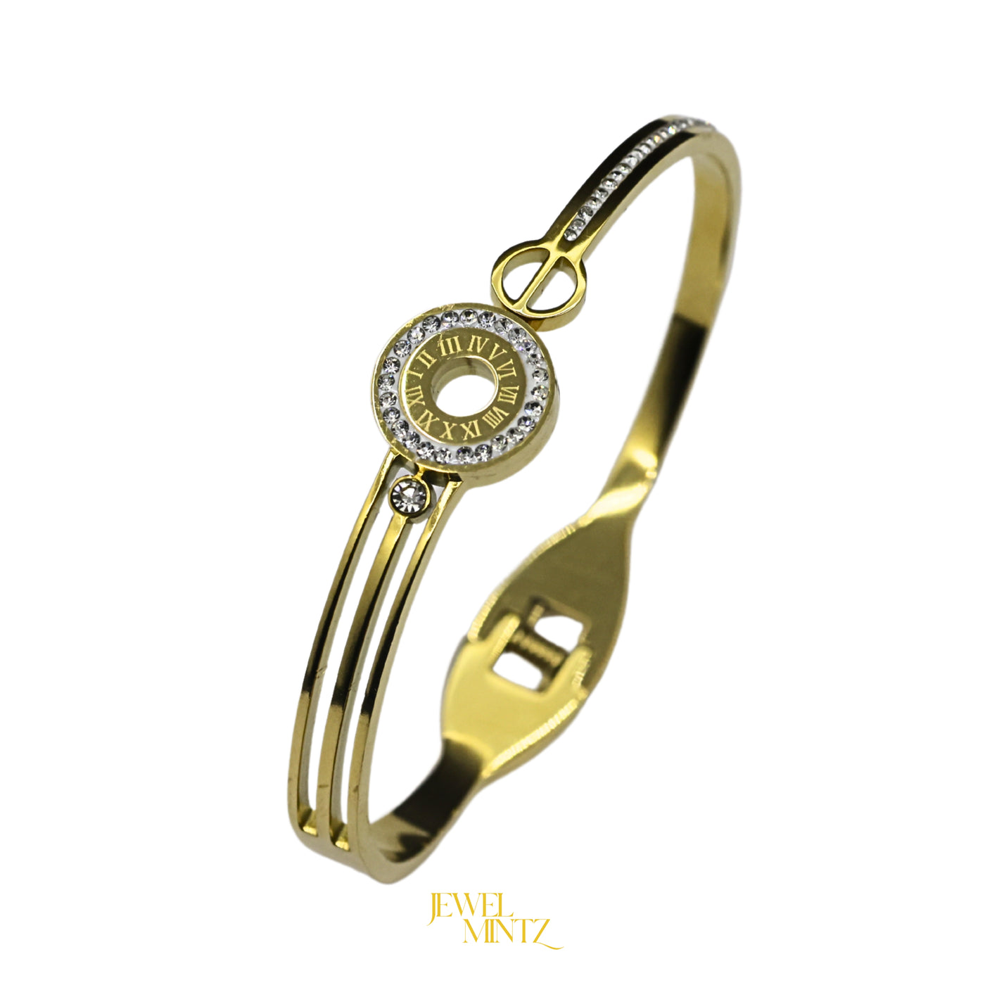 Gold Watch Bracelet for Women – Roman Numeral Dial, Diamond-Studded Bracelet Style | Jewel Mintz Luxury Jewelry